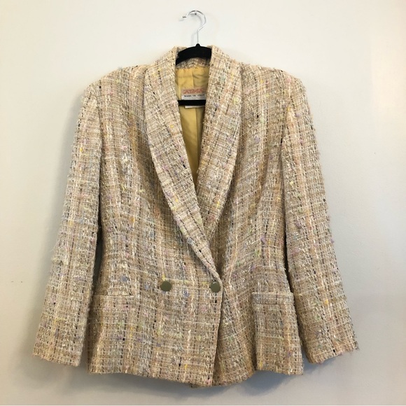 Vintage Alma Italy Tan & Pastel Tweed Power Blazer 90s Shoulder Pads 44 M - Picture 1 of 12